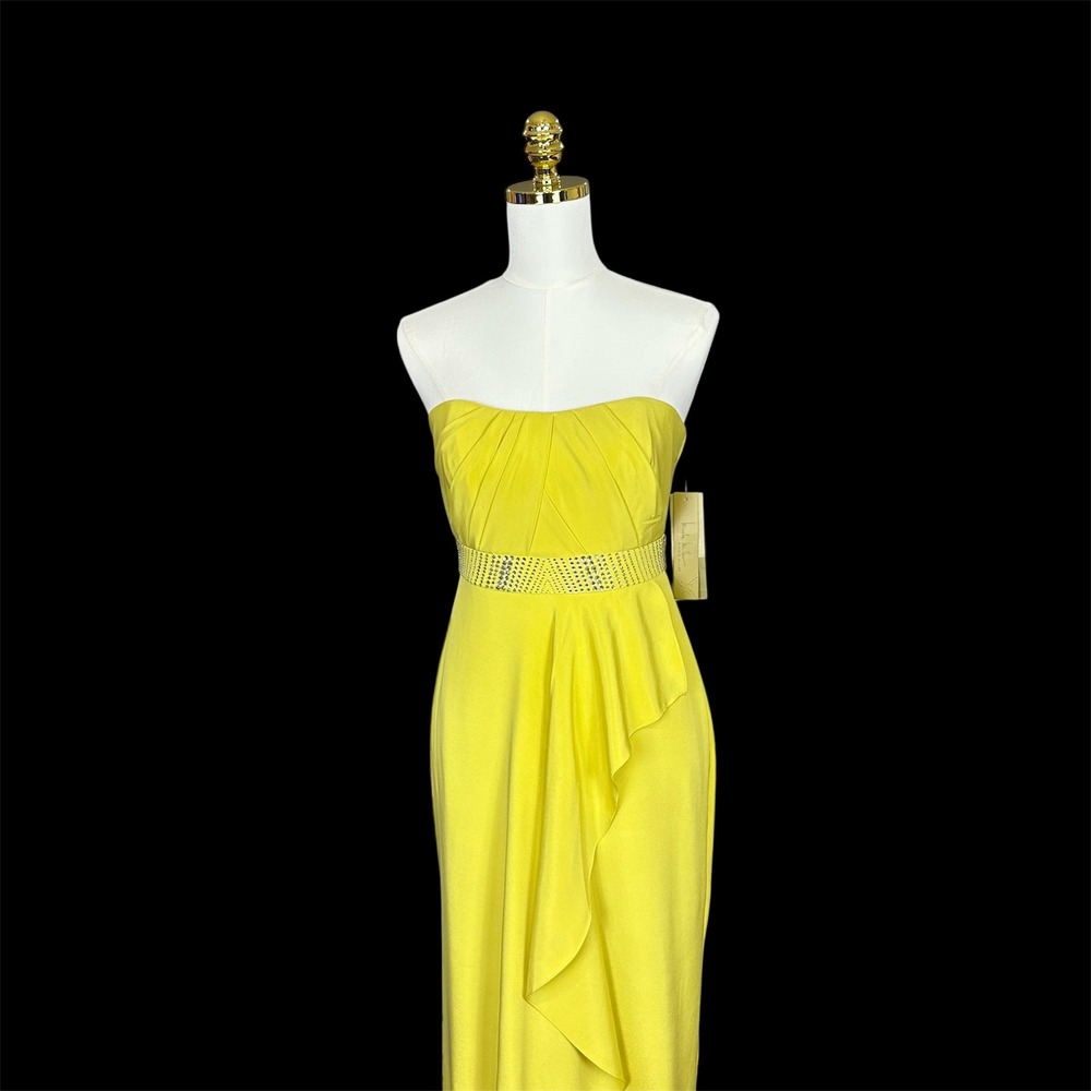 Nicole‎ Miller Yellow Strapless Embellished Waist Ruffle Evening Gown Maxi Dress - Picture 5 of 13